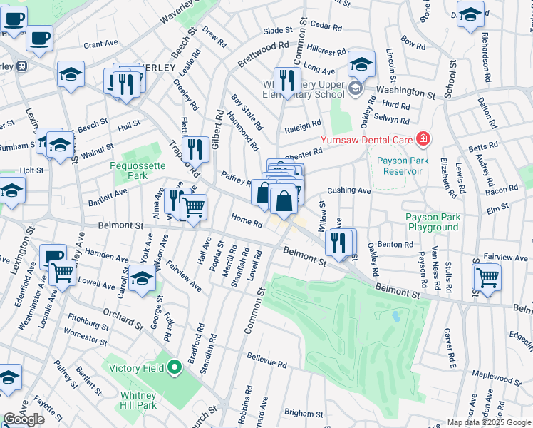 map of restaurants, bars, coffee shops, grocery stores, and more near 144 Trapelo Road in Belmont