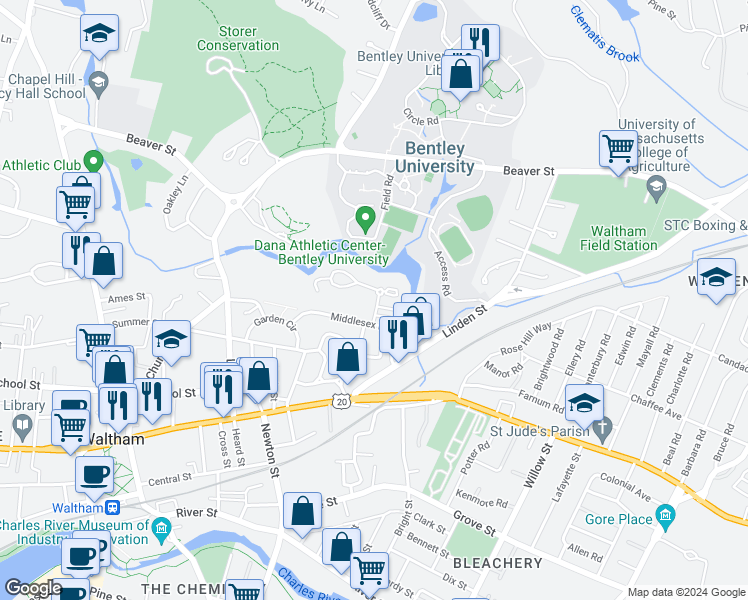 map of restaurants, bars, coffee shops, grocery stores, and more near 36 Middlesex Circle in Waltham