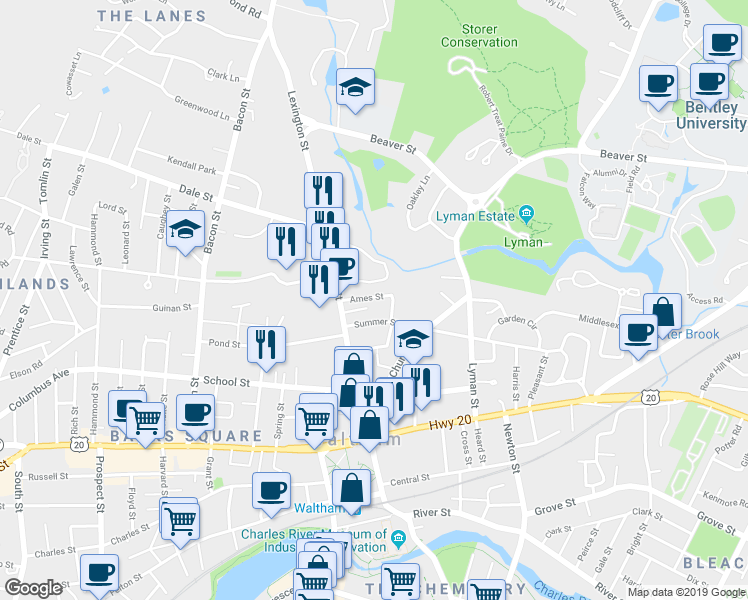 map of restaurants, bars, coffee shops, grocery stores, and more near 24 Lexington Terrace in Waltham