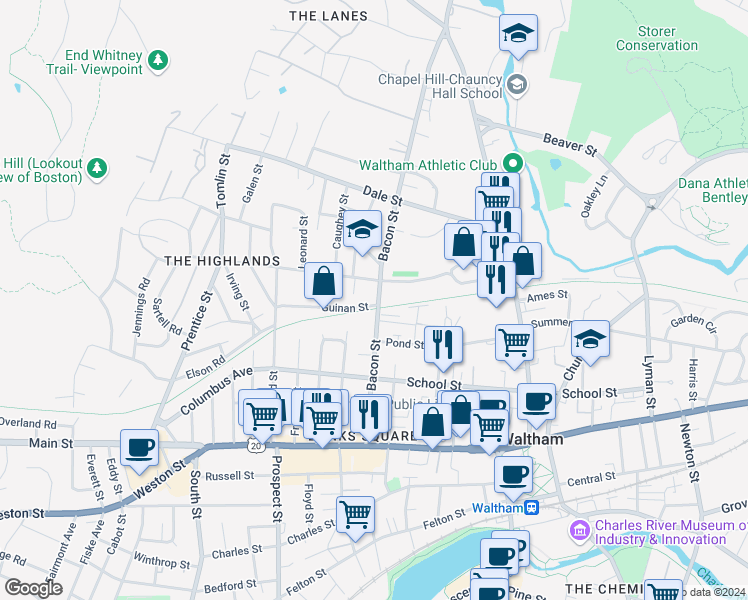 map of restaurants, bars, coffee shops, grocery stores, and more near 128 Bacon Street in Waltham