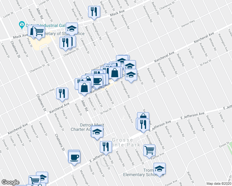 map of restaurants, bars, coffee shops, grocery stores, and more near 1134 Beaconsfield Avenue in Grosse Pointe Park