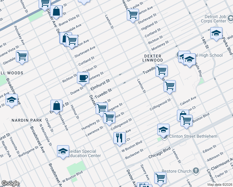 map of restaurants, bars, coffee shops, grocery stores, and more near 3210 Webb Street in Detroit