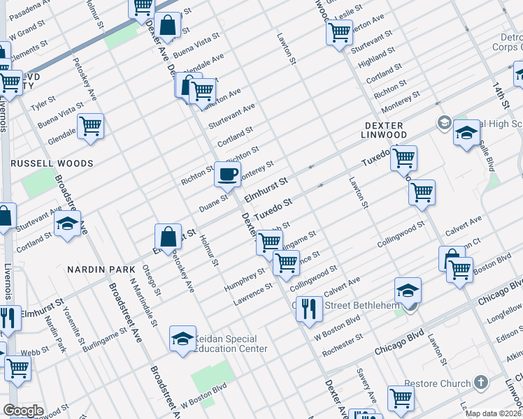 map of restaurants, bars, coffee shops, grocery stores, and more near 3357 Elmhurst Street in Detroit