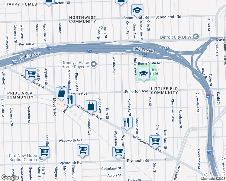map of restaurants, bars, coffee shops, grocery stores, and more near 12611 Washburn Street in Detroit