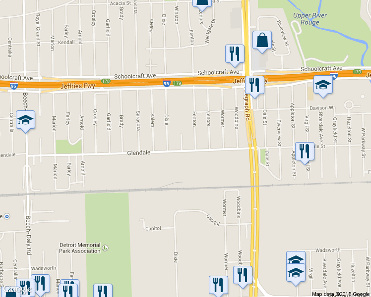 map of restaurants, bars, coffee shops, grocery stores, and more near 12800 Winston in Redford Charter Township