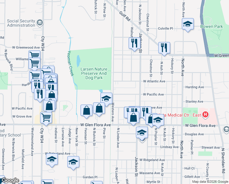 map of restaurants, bars, coffee shops, grocery stores, and more near 1110 West Pacific Avenue in Waukegan