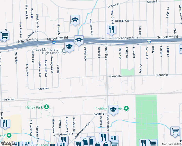 map of restaurants, bars, coffee shops, grocery stores, and more near 12833 Norborne Street in Redford charter Township