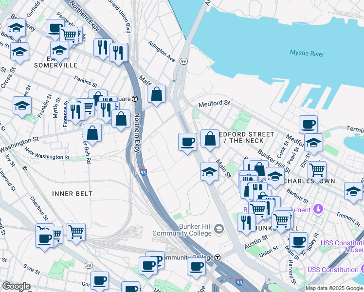 map of restaurants, bars, coffee shops, grocery stores, and more near 500 Hood Park Drive in Boston