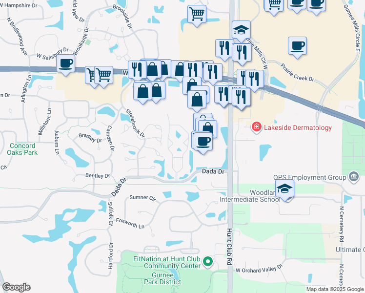 map of restaurants, bars, coffee shops, grocery stores, and more near 6740 Derby Drive in Gurnee