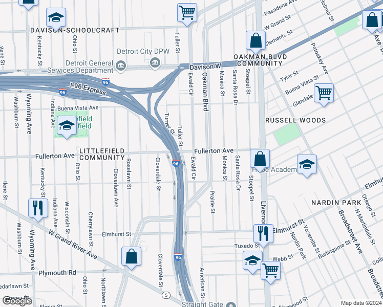 map of restaurants, bars, coffee shops, grocery stores, and more near 7501 Fullerton Avenue in Detroit