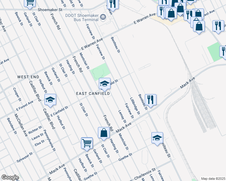 map of restaurants, bars, coffee shops, grocery stores, and more near 4079 Fairview Street in Detroit