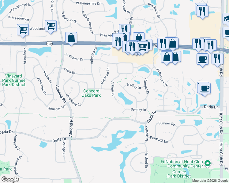 map of restaurants, bars, coffee shops, grocery stores, and more near 1491 Auburn Lane in Gurnee