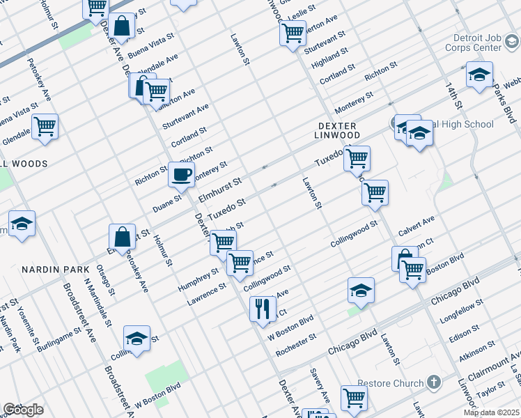 map of restaurants, bars, coffee shops, grocery stores, and more near 3210 Webb Street in Detroit