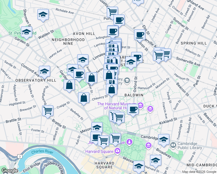 map of restaurants, bars, coffee shops, grocery stores, and more near 19 Rutland Street in Cambridge