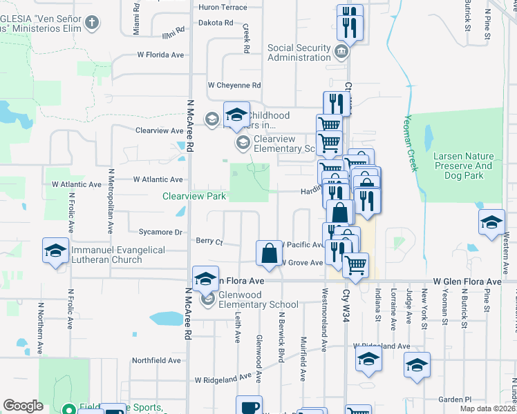 map of restaurants, bars, coffee shops, grocery stores, and more near 2308 West Atlantic Avenue in Waukegan
