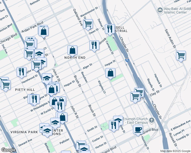 map of restaurants, bars, coffee shops, grocery stores, and more near 579 East Philadelphia Street in Detroit