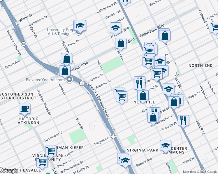 map of restaurants, bars, coffee shops, grocery stores, and more near 9115 3rd Avenue in Detroit