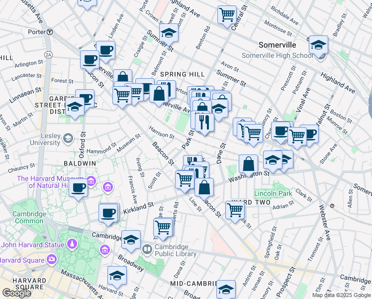 map of restaurants, bars, coffee shops, grocery stores, and more near 54 Park Street in Somerville