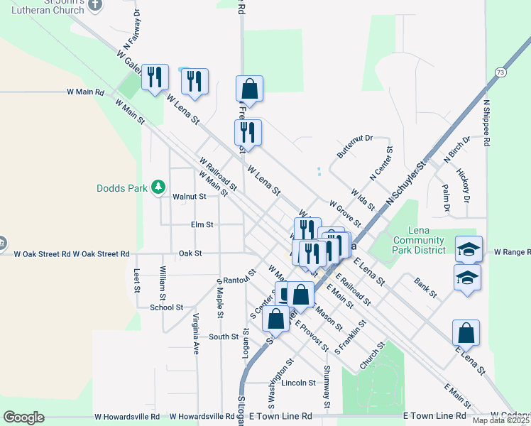 map of restaurants, bars, coffee shops, grocery stores, and more near North Vernon Street in Lena