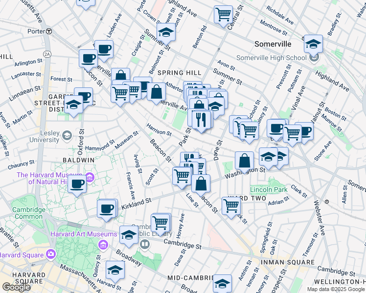 map of restaurants, bars, coffee shops, grocery stores, and more near 54 Park Street in Somerville
