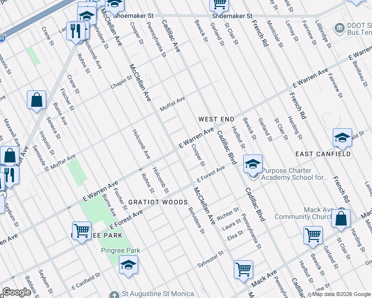 map of restaurants, bars, coffee shops, grocery stores, and more near 9336 East Warren Avenue in Detroit