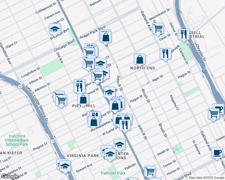map of restaurants, bars, coffee shops, grocery stores, and more near 59 King Street in Detroit