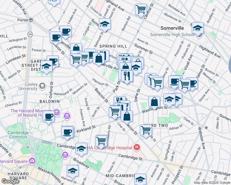 map of restaurants, bars, coffee shops, grocery stores, and more near 54 Park Street in Somerville