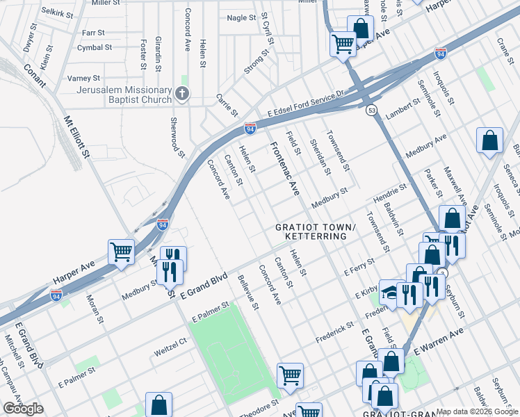 map of restaurants, bars, coffee shops, grocery stores, and more near 5968 Canton Street in Detroit