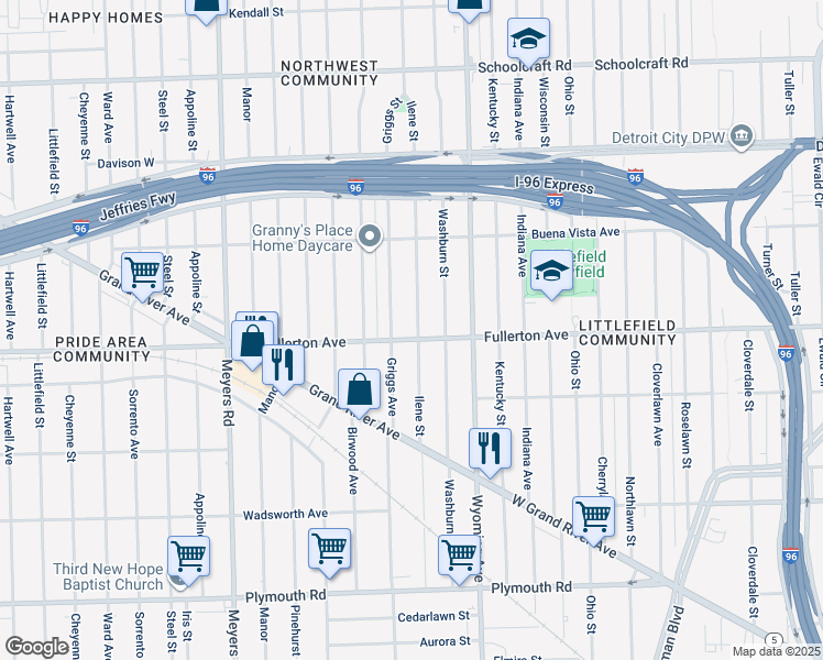 map of restaurants, bars, coffee shops, grocery stores, and more near 12611 Ilene Street in Detroit