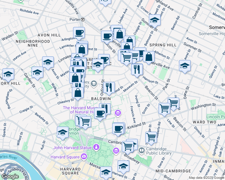 map of restaurants, bars, coffee shops, grocery stores, and more near 39 Hammond Street in Cambridge