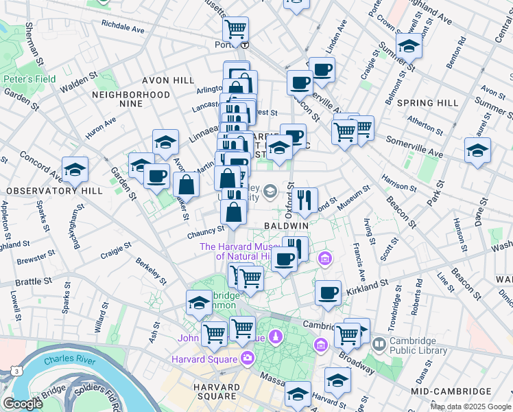 map of restaurants, bars, coffee shops, grocery stores, and more near 21 Mellen Street in Cambridge