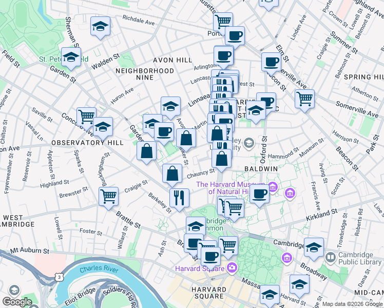 map of restaurants, bars, coffee shops, grocery stores, and more near 34 Shepard Street in Cambridge