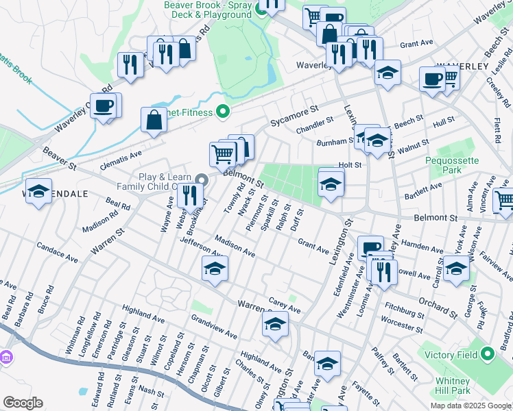 map of restaurants, bars, coffee shops, grocery stores, and more near 25 Piermont Street in Watertown