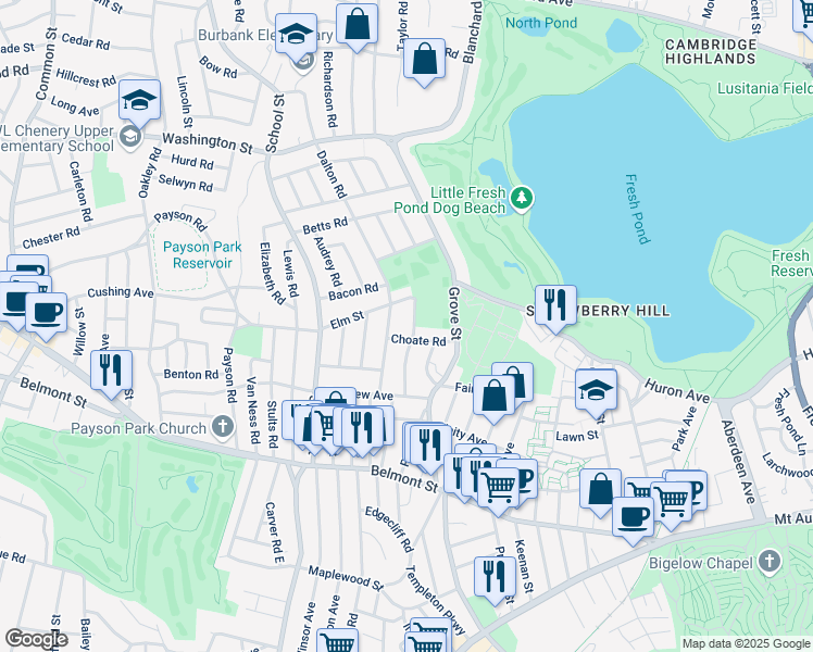 map of restaurants, bars, coffee shops, grocery stores, and more near 29 Foster Road in Belmont