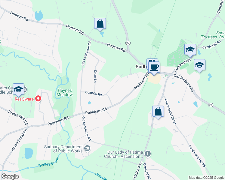 map of restaurants, bars, coffee shops, grocery stores, and more near 51 Colonial Road in Sudbury