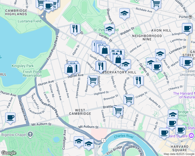map of restaurants, bars, coffee shops, grocery stores, and more near 127 Appleton Street in Cambridge