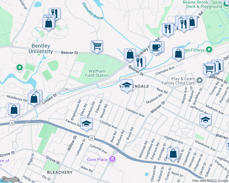 map of restaurants, bars, coffee shops, grocery stores, and more near 91 Mayall Road in Waltham
