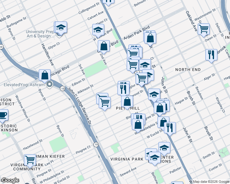 map of restaurants, bars, coffee shops, grocery stores, and more near 628 Taylor Street in Detroit