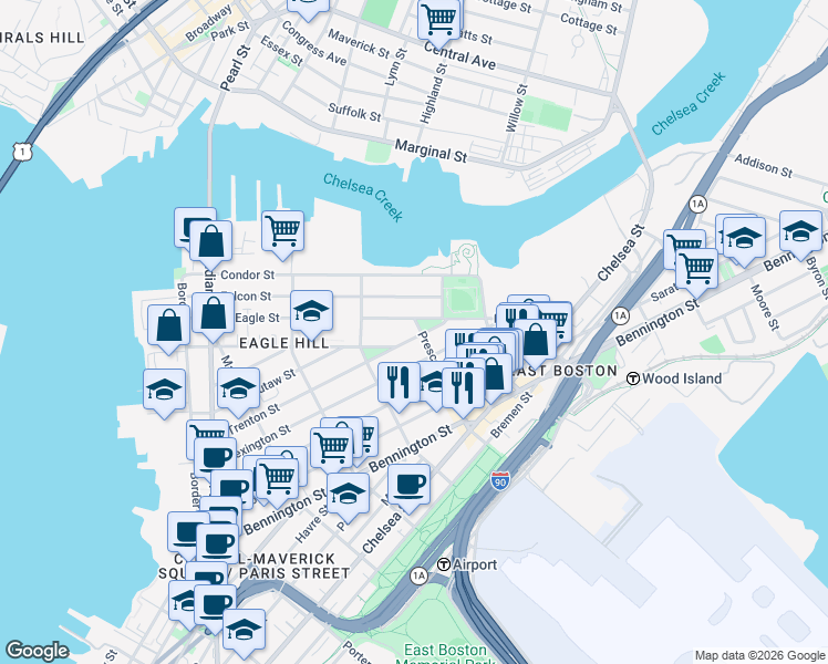 map of restaurants, bars, coffee shops, grocery stores, and more near 217 Trenton Street in Boston