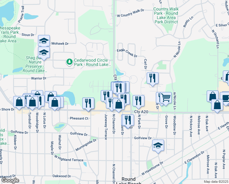 map of restaurants, bars, coffee shops, grocery stores, and more near 337 Meadow Green Lane in Round Lake Beach