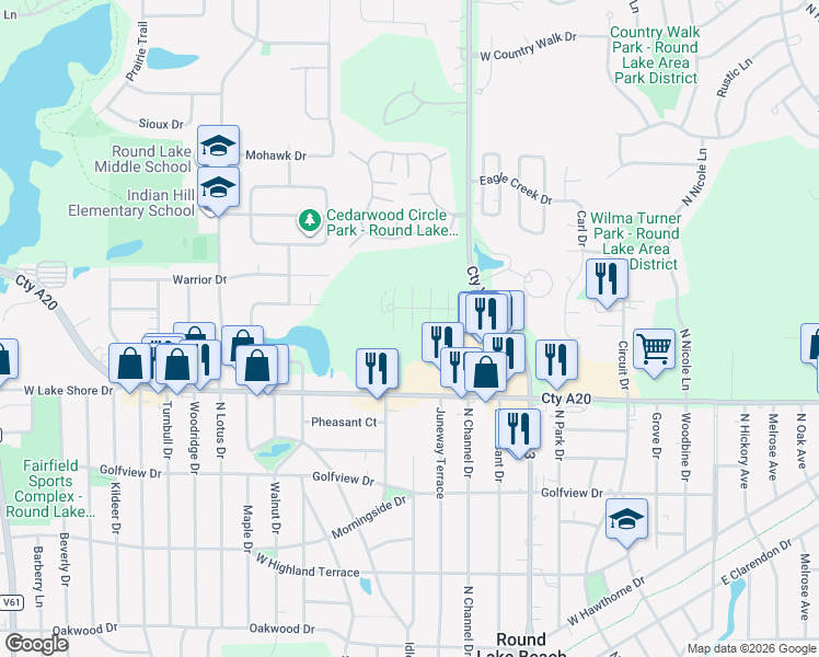 map of restaurants, bars, coffee shops, grocery stores, and more near 509 Meadow Green Lane in Round Lake Beach