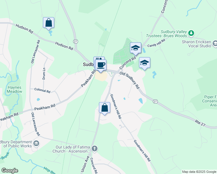 map of restaurants, bars, coffee shops, grocery stores, and more near 285 Concord Road in Sudbury
