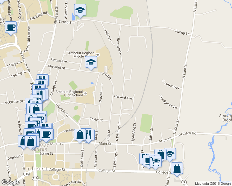 map of restaurants, bars, coffee shops, grocery stores, and more near 149 High Street in Amherst