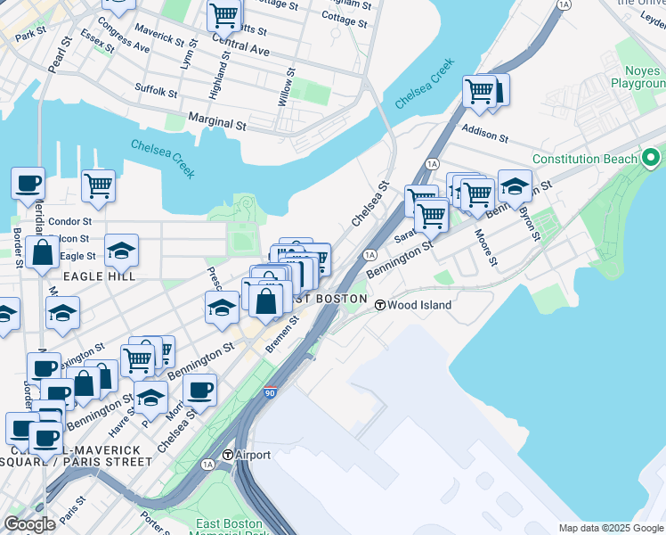 map of restaurants, bars, coffee shops, grocery stores, and more near 546 Saratoga Street in Boston