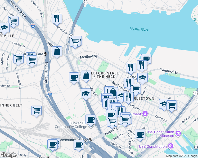 map of restaurants, bars, coffee shops, grocery stores, and more near 103 Russell Street in Charlestown