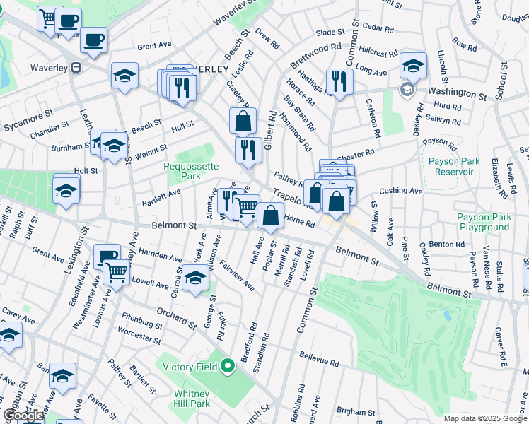 map of restaurants, bars, coffee shops, grocery stores, and more near 33 Barnard Road in Belmont
