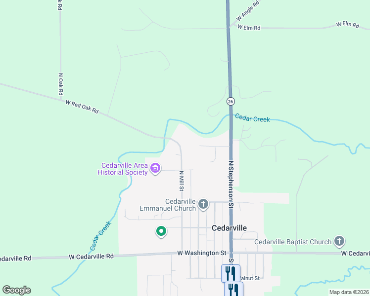 map of restaurants, bars, coffee shops, grocery stores, and more near 385 North Mill Street in Cedarville