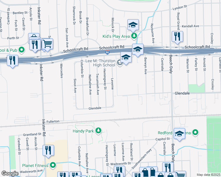 map of restaurants, bars, coffee shops, grocery stores, and more near 12859 Leverne in Redford Charter Township