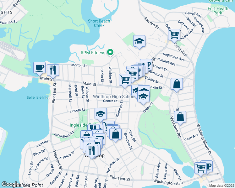 map of restaurants, bars, coffee shops, grocery stores, and more near 78 Atlantic Street in Winthrop