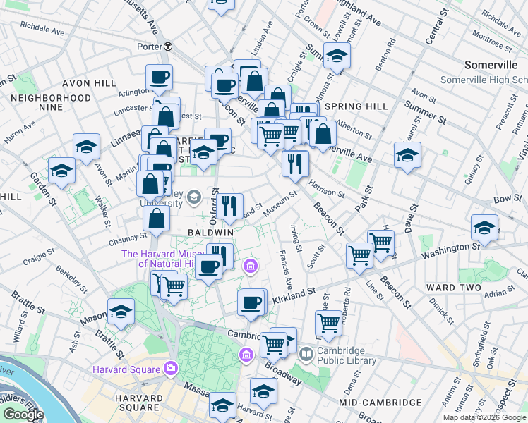 map of restaurants, bars, coffee shops, grocery stores, and more near 74 Hammond Street in Cambridge